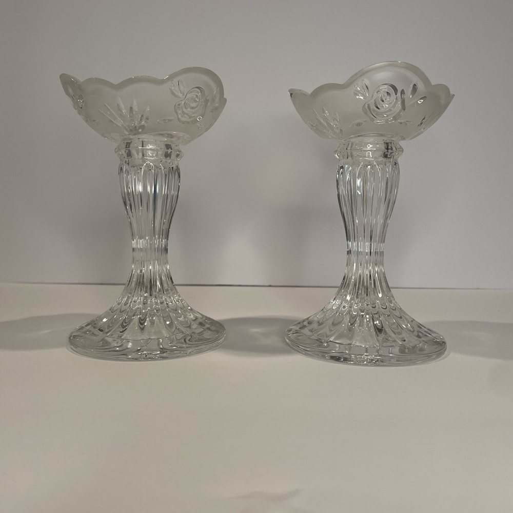 Elegant Clear Glass Candle Holders with Rose Details
